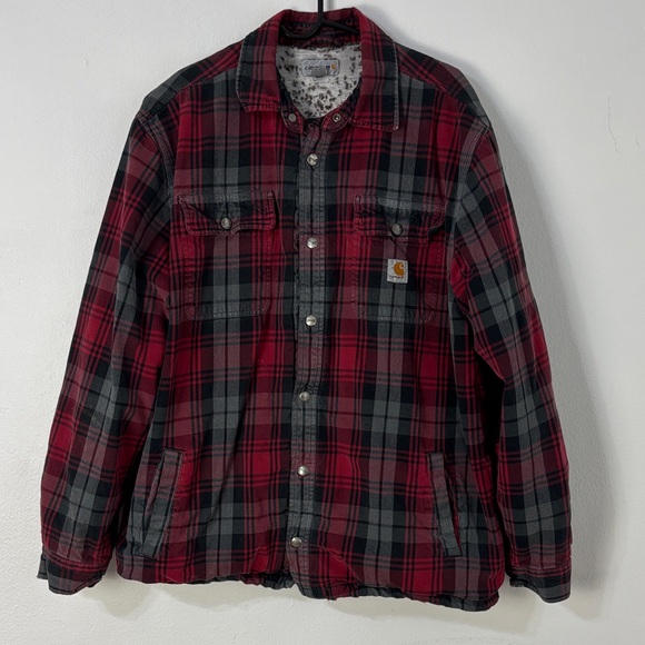 Carhartt Men's Red Black Plaid Flannel Shirt Jacket- Shacket Size L Thrashed - Picture 1 of 14